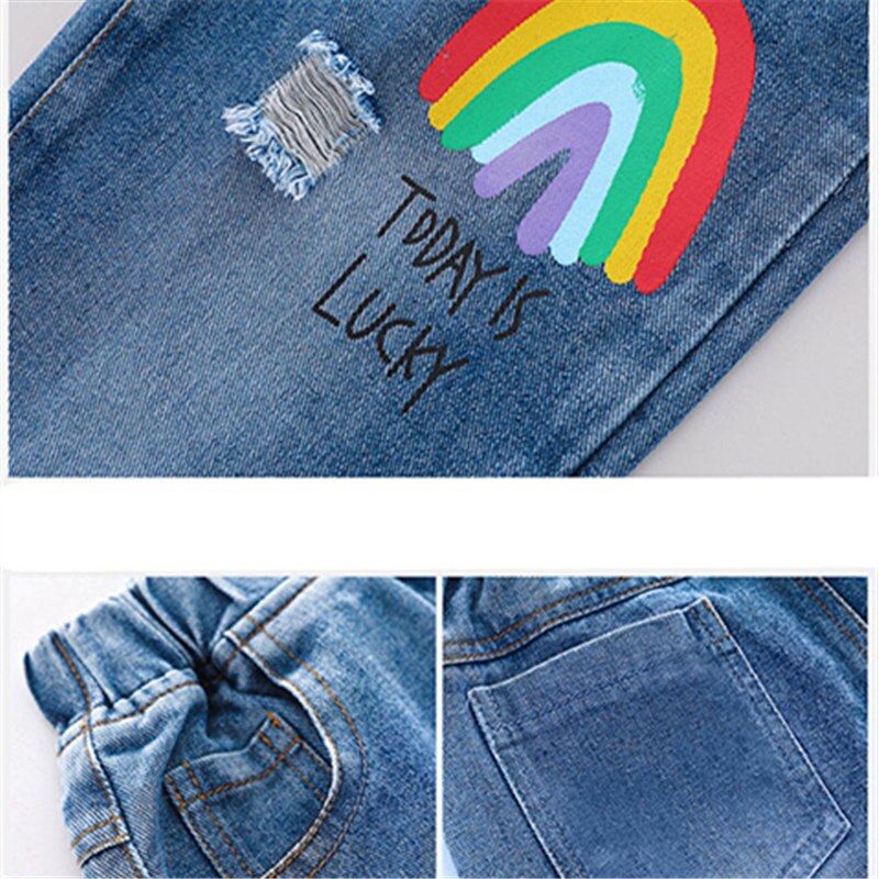 Girls Jeans Rainbow Children Spring Leisure Elastic Cartoon Rainbow Pants Kids Funny Trousers 4 To 13Yrs