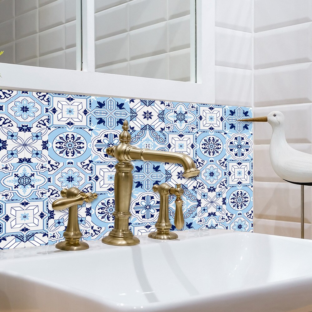 10pcs/set Light Blue Floral Ornament Arabesque Wall Sticker Kitchen Bathroom Ceramics Wall Decals Tiles Floor Ground Art Mural
