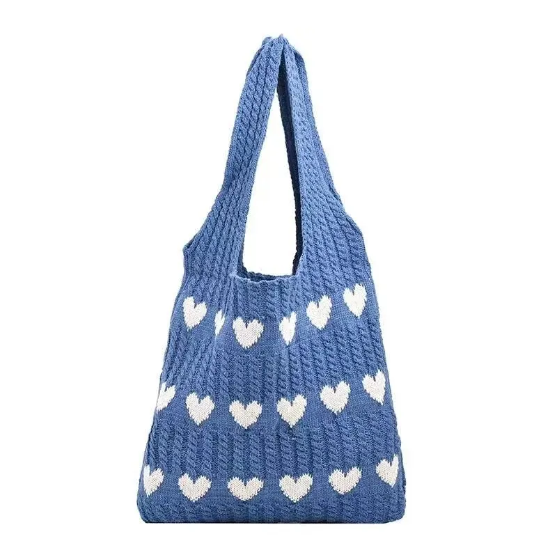 1PC Gebreide Tas Dames Zomer Handgemaakte Wollen Gebreide Onderarm Gebreide Tas Liefde Schoudertas: Blauw