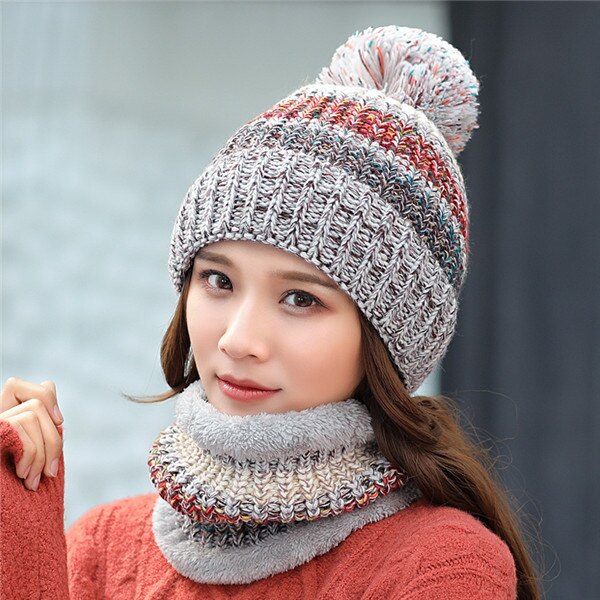 Gorros de invierno para mujer, gorros tejidos a rayas de Color mixto, conjunto de 2 piezas, gorros gruesos y cálidos, gorros, gorros para mujer: Grey