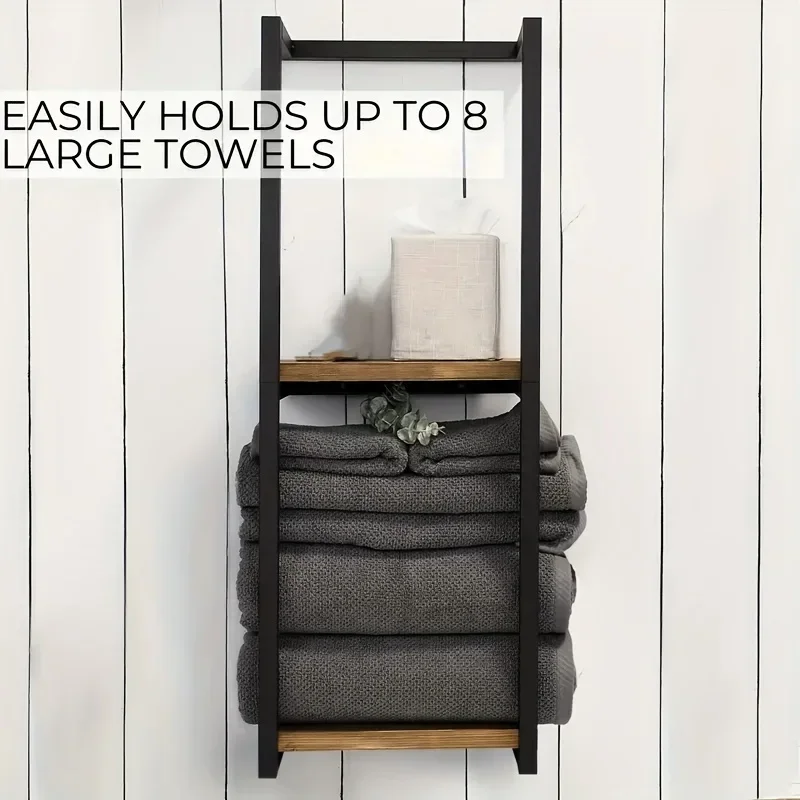 Wall Mount Towel Storage Rack with Wooden Shelves Towels Bathroom Holder Shelf