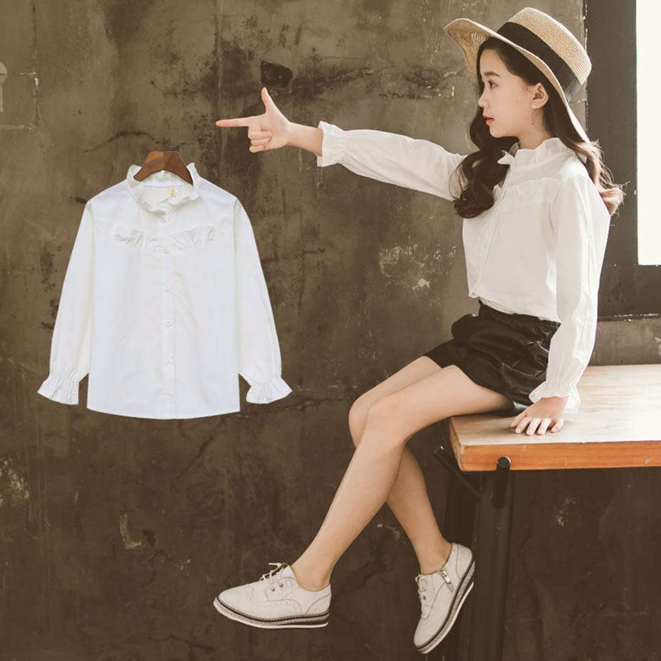 Shirt For Girl Solid White Blouse Girl Ruffle Children's Shirts For Girls School Autumn Kids Clothes Girls 6 8 10 12 14