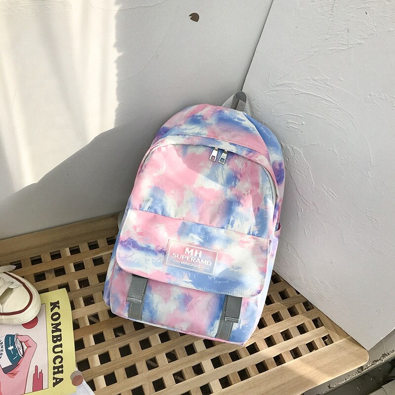 Collorful kvinnor ryggsäck graffiti nylon kvinnlig student ryggsäck för tonåring flicka bokväskor skol slips färgämne resa mochila daypack: Blå-rosa