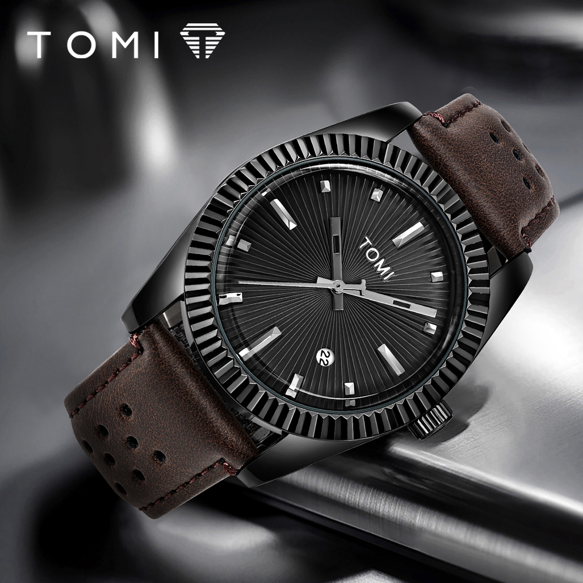 TOMI Reloj clásico de para hombre y mujer Reloj de cuarzo de cuero marrón con calendario de negocios de tendencia versátil
