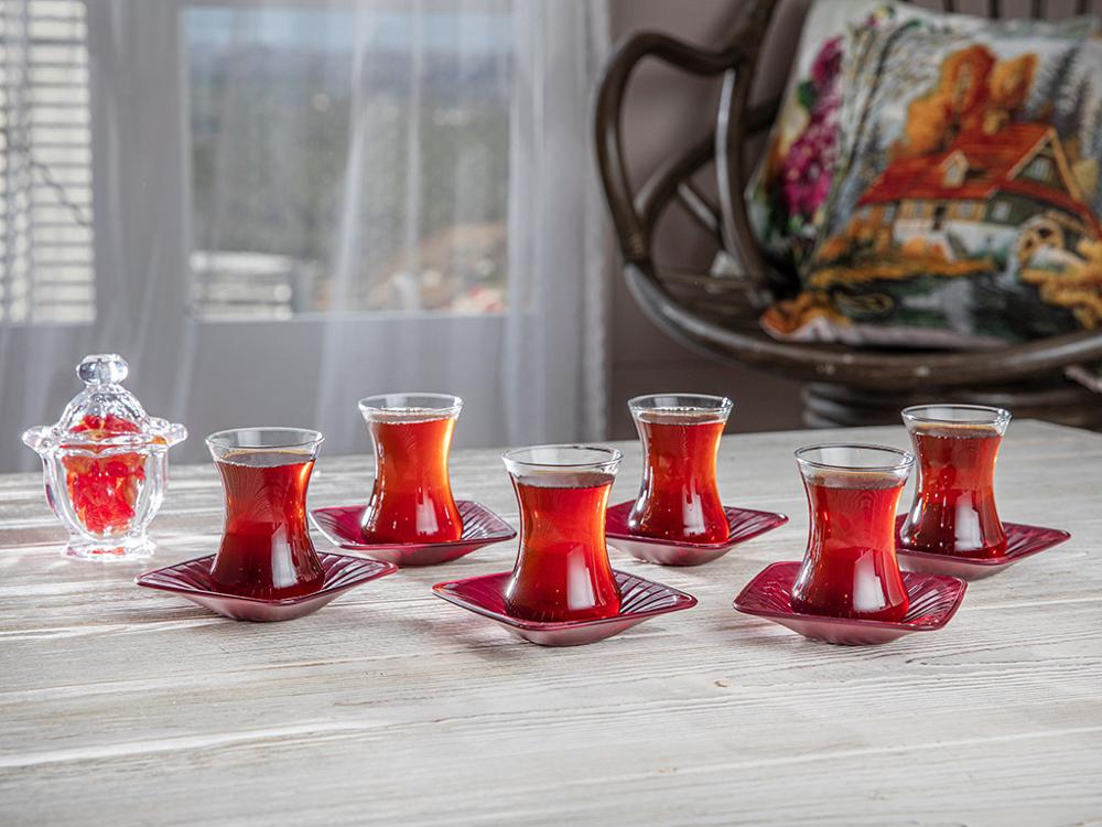 Lorna Glass 12 Piece Tea Set 6 Tea Glasses 6 Tea Glasses Saucer 100 Ml claret red Turkish traditional tea glass