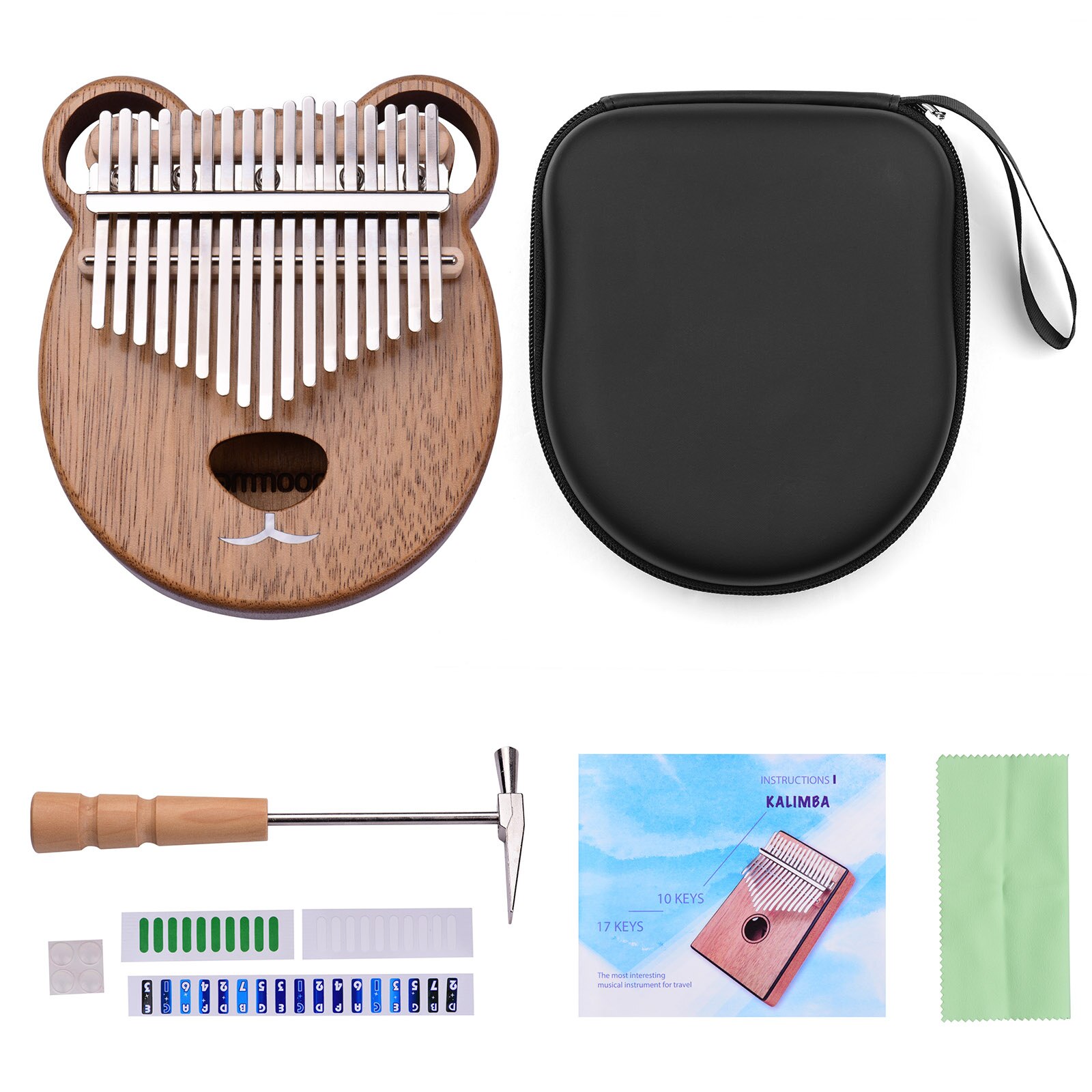 ammoon 17 Key Kalimba Portable C Tone Thumb Piano Solid Walnut Wood Finger Precussion with Tuning Hammer Wiping Cloth