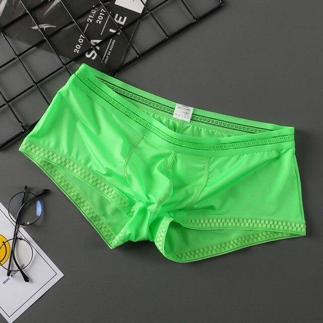 Men&#39;s Sexy Underwear Ice Silk Brief Pantie Low Waist Men Lingerie see through Pant Underpants Tangas Intimate man bottom shorts: Green flat angle / XXL