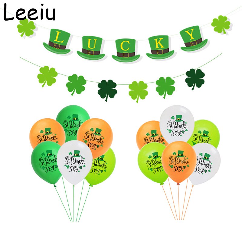 Leeiu St Patrick 's Day Decorations Green Clovers Banners Shamrock Lucky Irish Party Garlands Irish Festival Latex Balloons