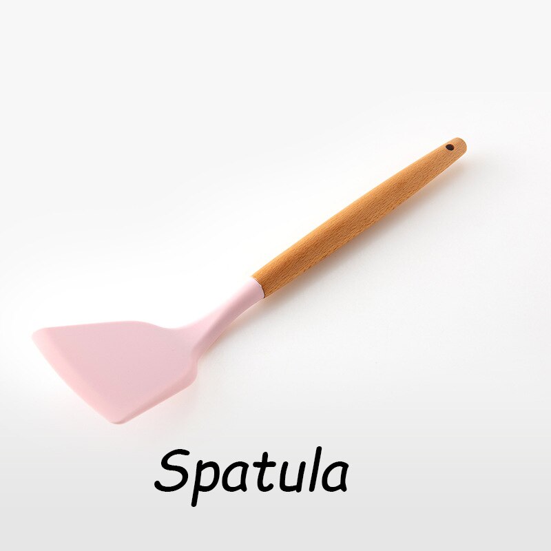 Roze Koken Keukengerei Tool Siliconen Keukengerei Set Met Houten Multifunctionele Handvat Non-stick Spatel Pollepel Ei Kloppers Schop: Spatula