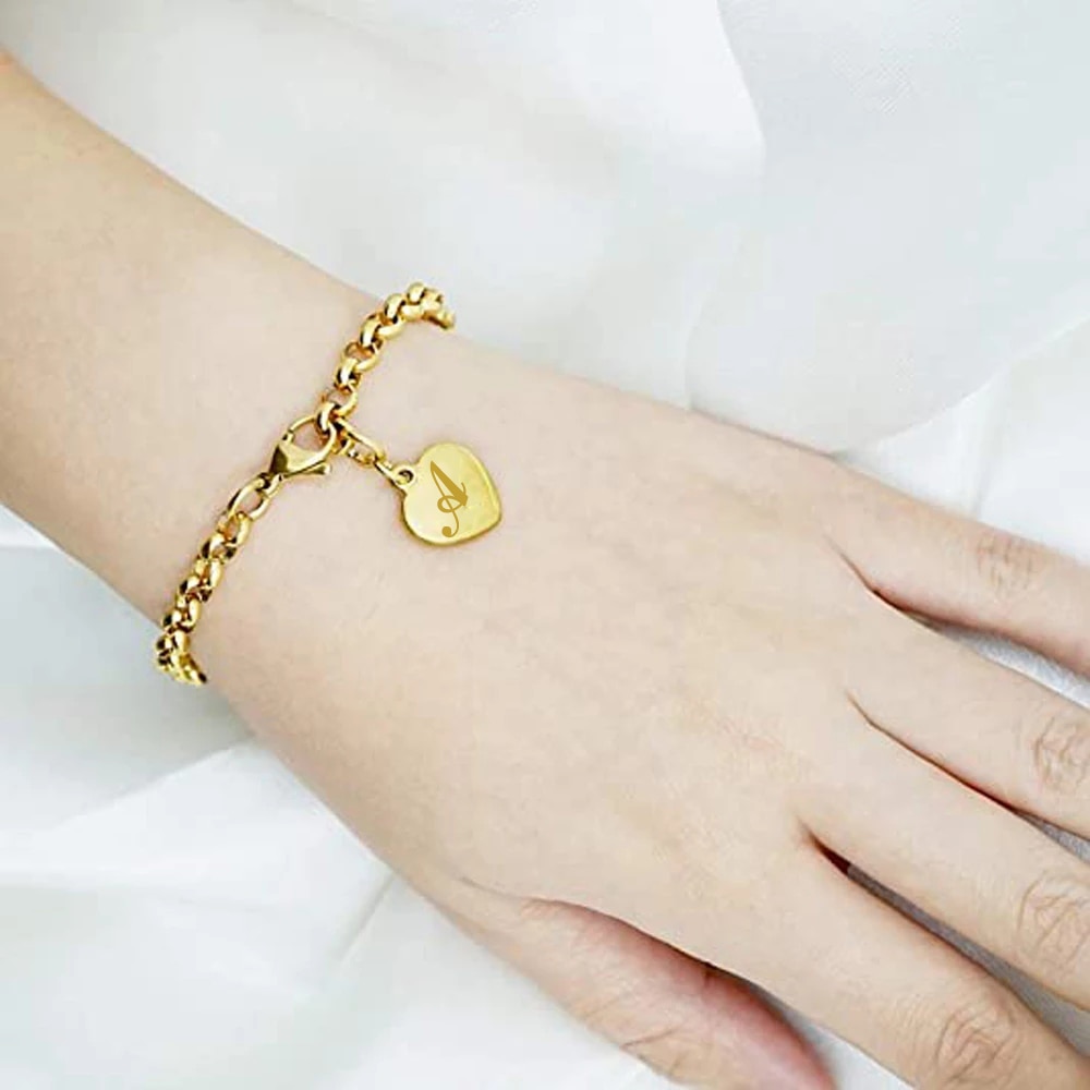Bracelet avec lettres de l'alphabet en acier inoxydable, 26 lettres, breloque initiale, couleur or, pour femmes et filles, pour enfants