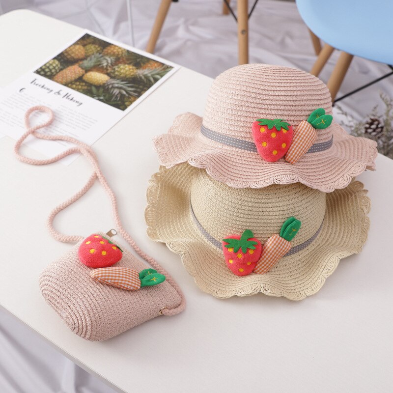 Small fresh wave side children's straw hat summer outing all-match beach hat sun hat bag set