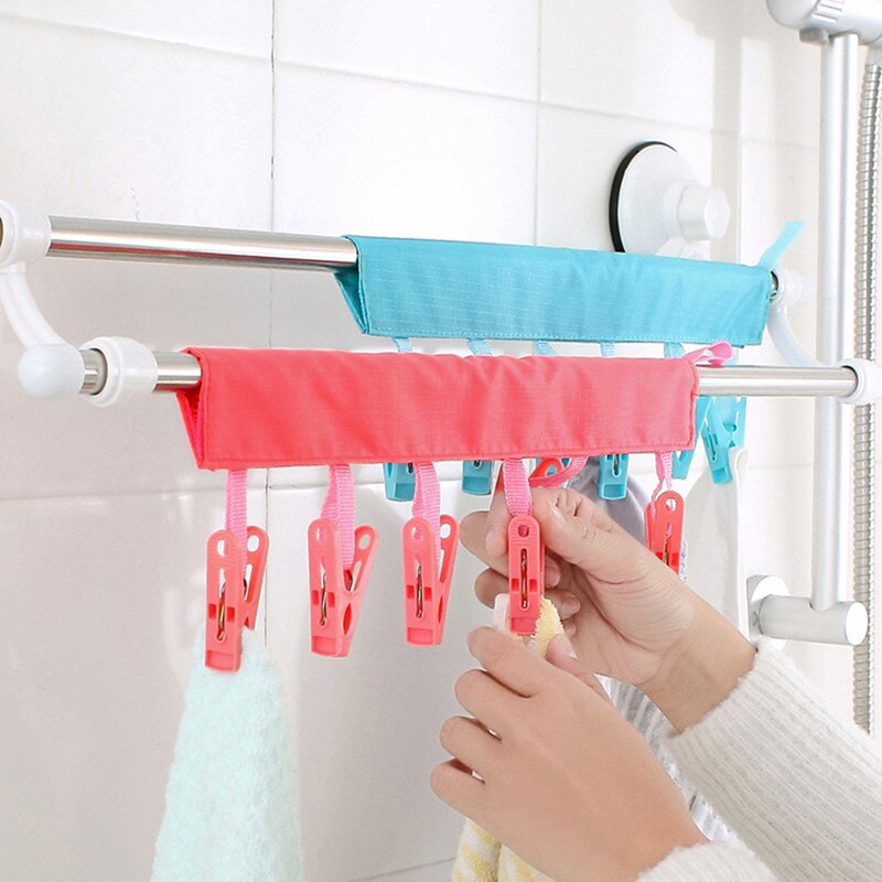 Bærbart tøjstativ sammenfoldeligt tørrestativ badeværelse værktøjstøj 6 klipsbøjler vægmonteret tørretumbler tøjnål