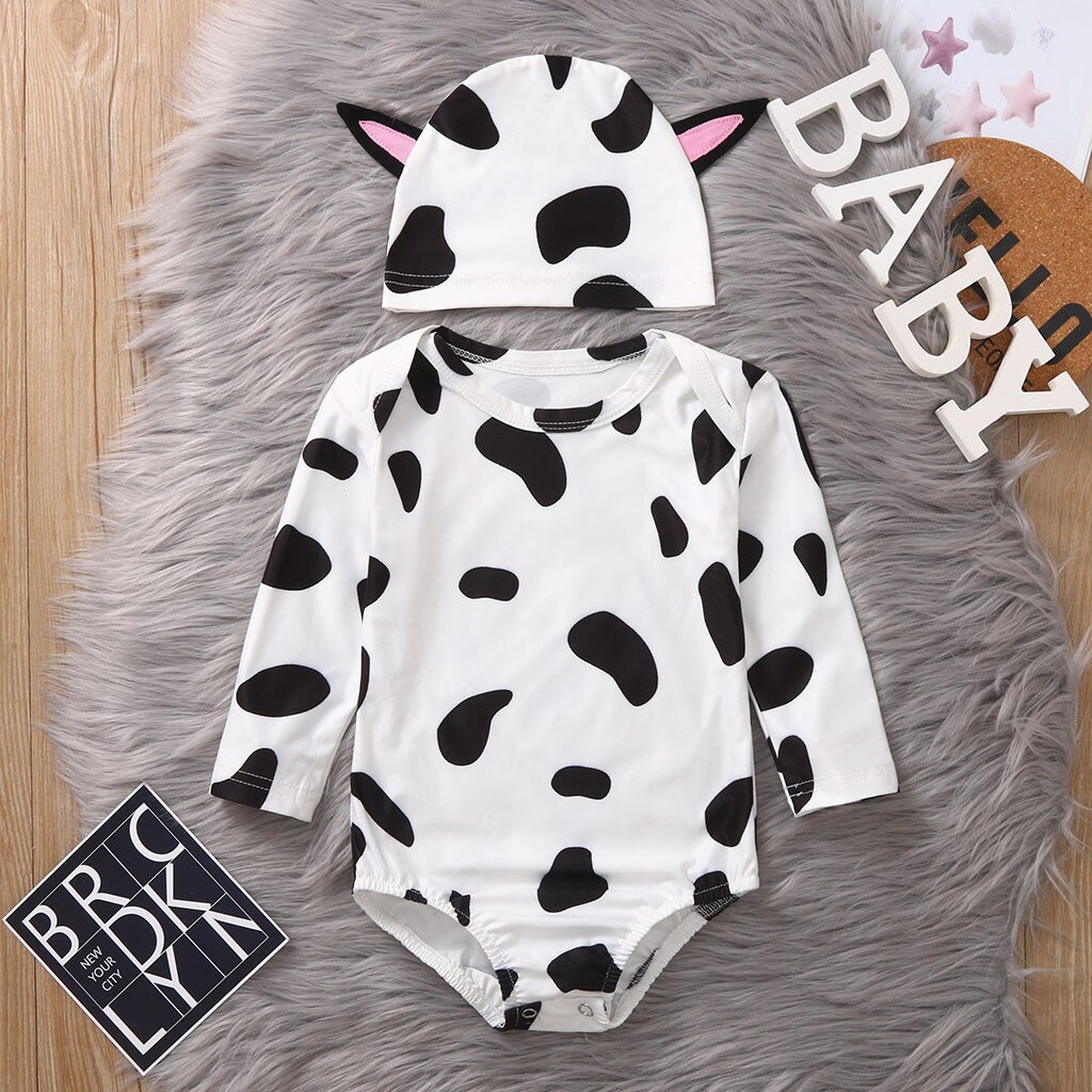 Body + casquette pour bébés filles et garçons, vêtements pour bébés filles et garçons, à manches longues, imprimé vache, avec des motifs de dessin animé, chapeaux,