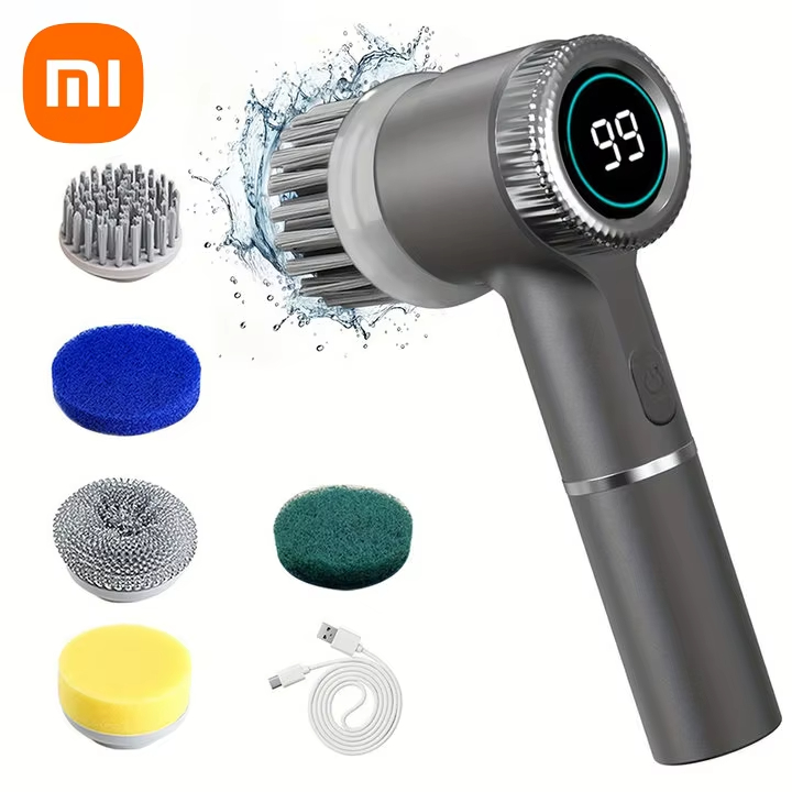 Xiaomi Wireless Electric 5 in 1 Cleaning Brush Portable Powerful Kitchen Toilet Bathroom 5 Brush Heads LED Display Waterproof: Brown