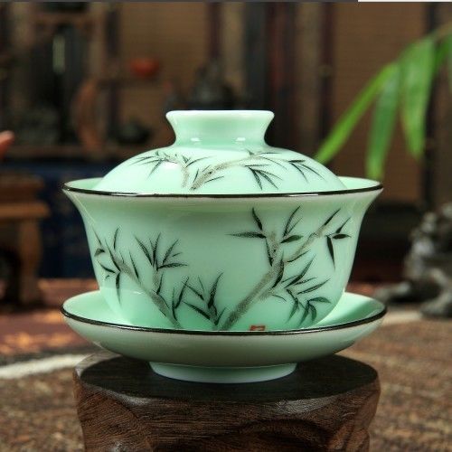 [grandness] longquan gaiwan sett porselens tekopp håndmalt floral sancai tekopp 170ml: Bambus