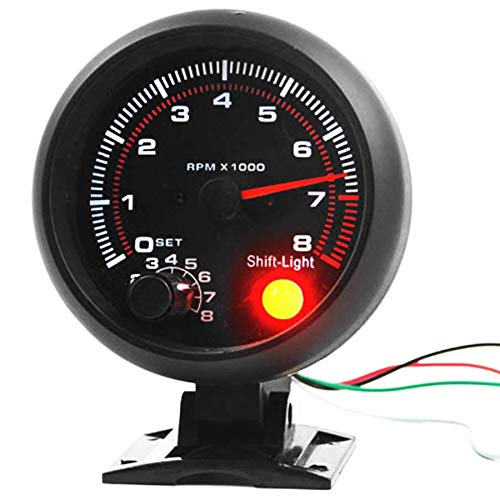 Universal 3.75 inch 12V White LED Backlit Tachometer Gauge with Red Shift Light for Auto Gasoline Car, 0-8000 RPM