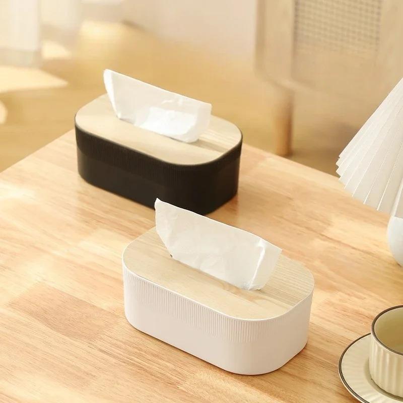 Plastik-Taschentuchbox mit Holzdeckel im Nordischen Schlichtheit-Stil Desktop-Serviettenbox für Wohnzimmer, Badezimmer und Toilette Quadratische Taschentuchbox