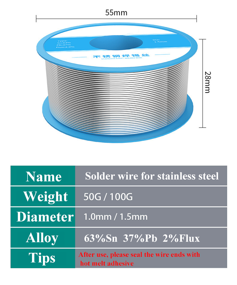 Fil à souder en étain et colophane, pour l&#39;acier inoxydable, le cuivre, le nickel, 1.0mm, 1.5mm, Flux 2% pour fer à souder