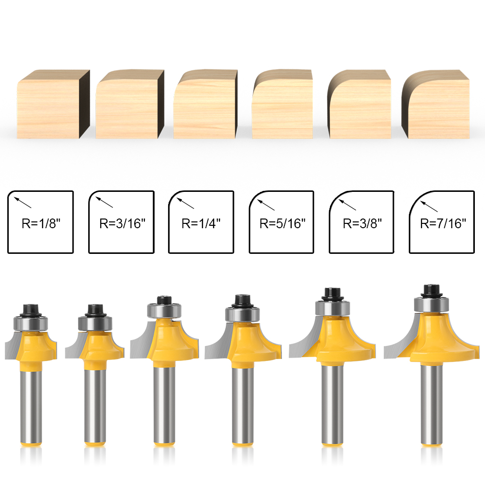 6pc 8mm Corner Round Over Router Bit with Bearing for Wood Woodworking Tool Tungsten Carbide Milling Cutter: Default Title