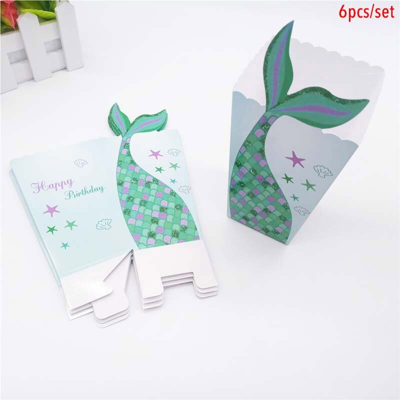 6pcs Mermaid Tail Popcorn Boxes Paper Candy Box Mermaid Birthday Party Decorations Kids Favors Baby Shower Party Supplies