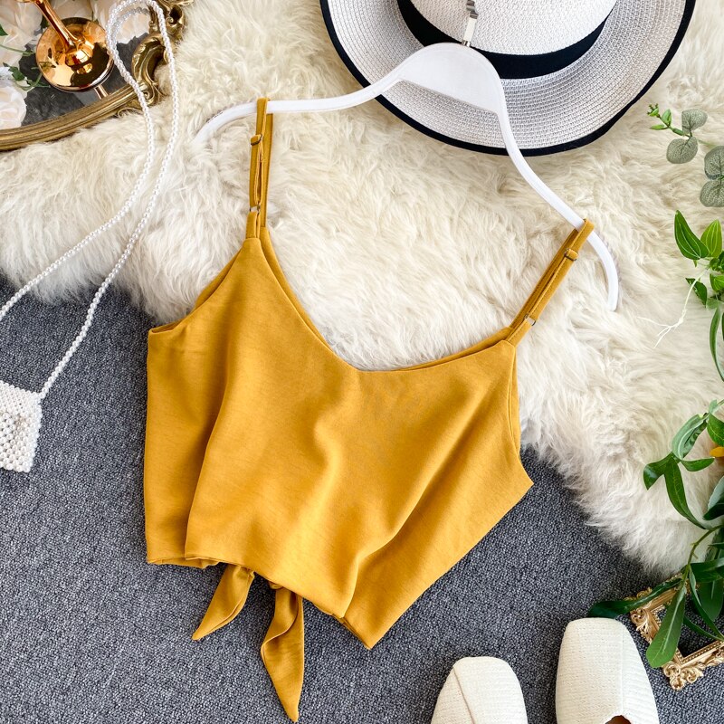 Kvinde street-wear sexet strop top v-hals rygløs crop top koreansk stil solid knap slanke korte tank tops