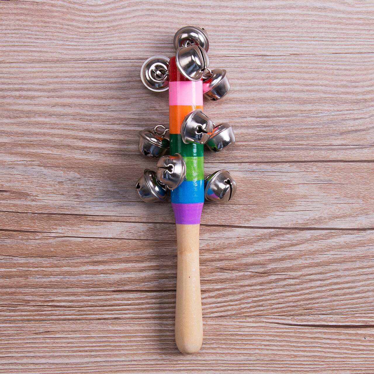 Hochet en bois pour bébé, couleur arc-en-ciel, clochette à main, jouets éducatifs, 1 pièce