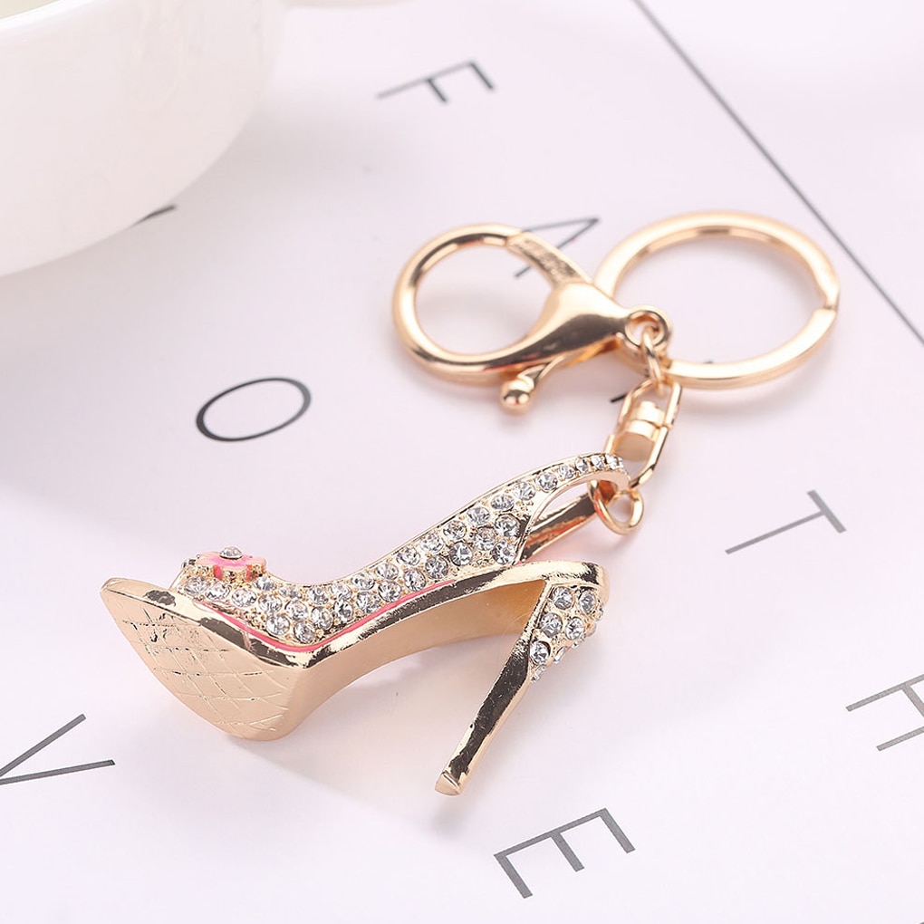 1PC Alloy Key Ring High Heel Shoe Keychain Rhinestone Crystal Purse Car Key Chain Girl Bag Decorative