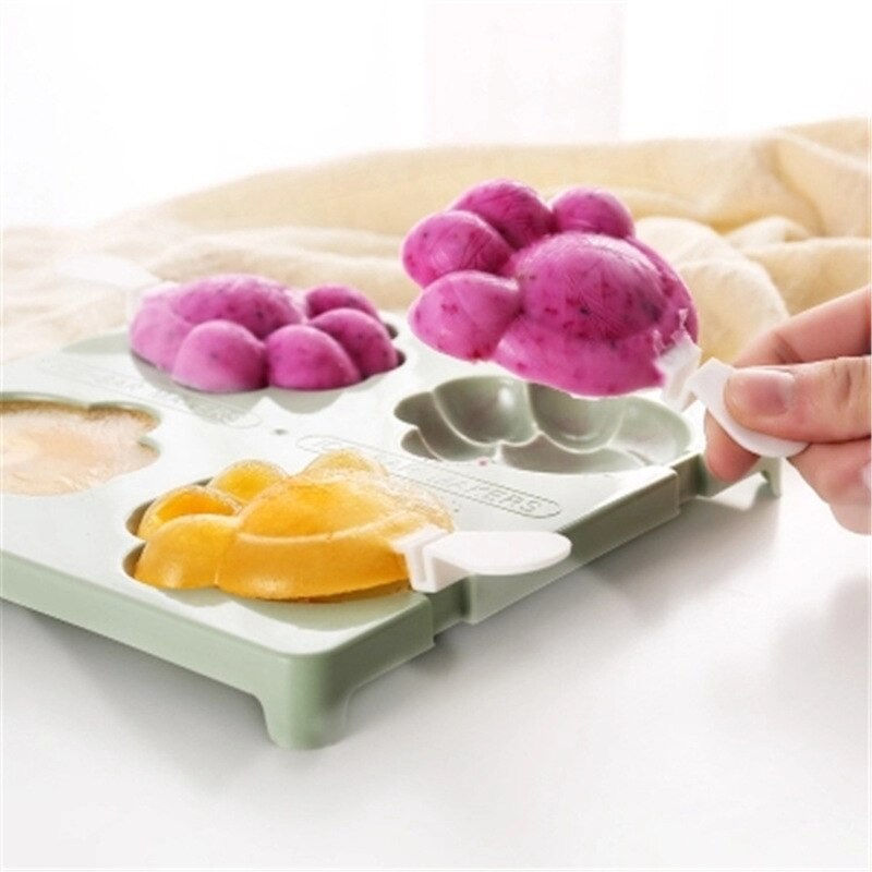 Cute Cartoon Flower Ice Cream Mold 4-hole Ice Tray Tubs Popsicle Maker Kitchen DIY Tools Cube Mold with Lid