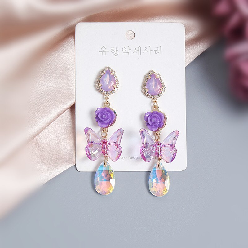 MWSONYA Korea Trendy Purple Butterfly Flowers Acrylic Pendant Earrings Crystal Water Drops Earrings for Women Earrings