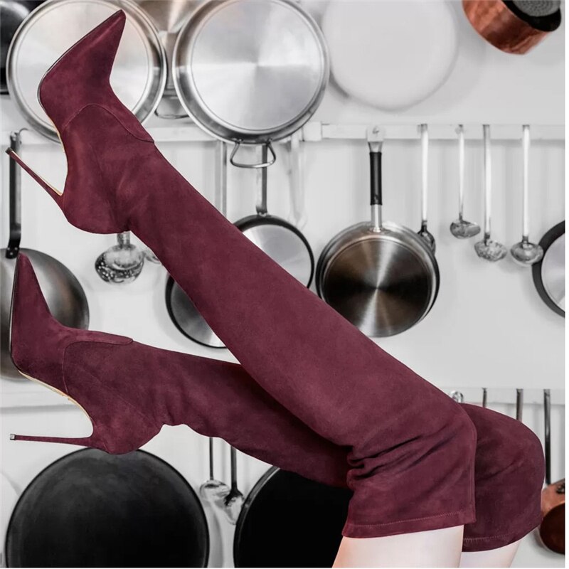 Kvinner støvler vinter over kneet boothigh grade semsket høy hæl slip-on sko spisse tå kvinne lange støvler высокие сапоги