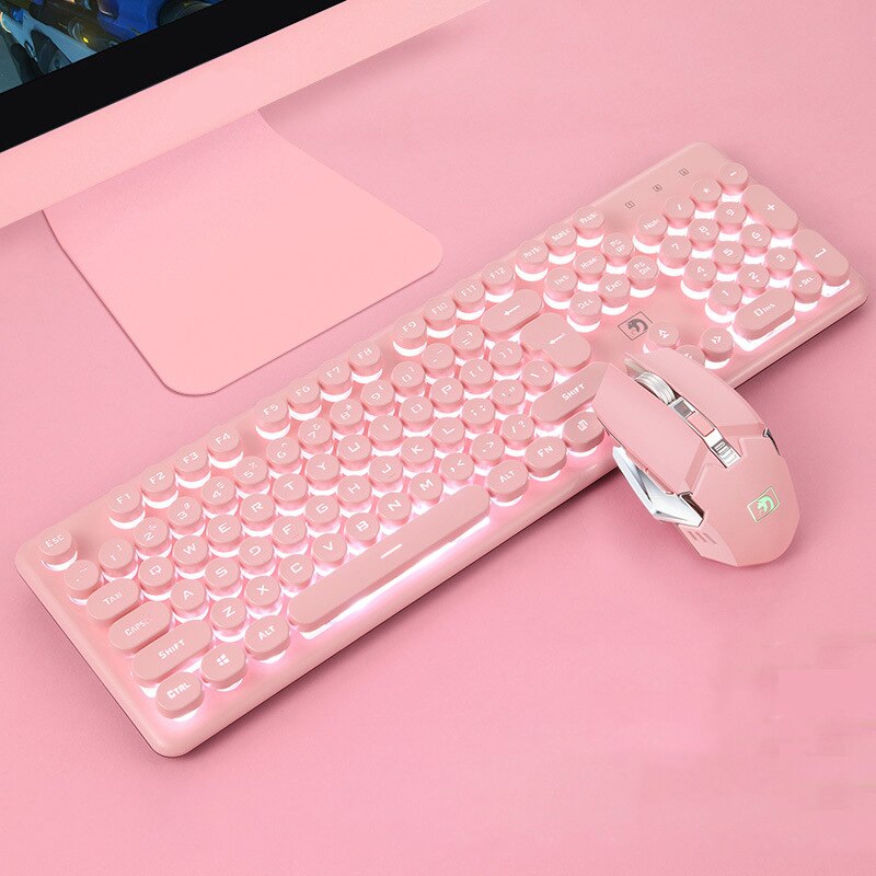 Wireless Gaming Keyboard and Mouse Mechanical Feeling RGB Keyboard Backlit Gamer Mouse 2400dpi Laptop PC Keyboards Rechargable: punk pink
