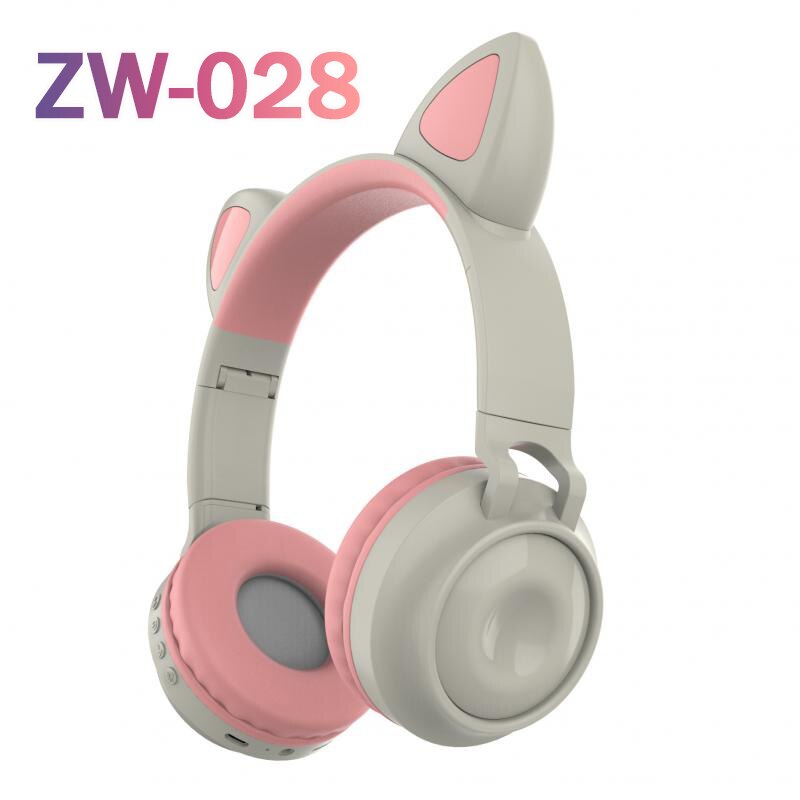Cute Cat Ear Headphones Wireless Bluetooth 5.0 Adults Kids Girls Glowing LED Headset Support TF Card With Mic for: 01 gray pink ZW-028
