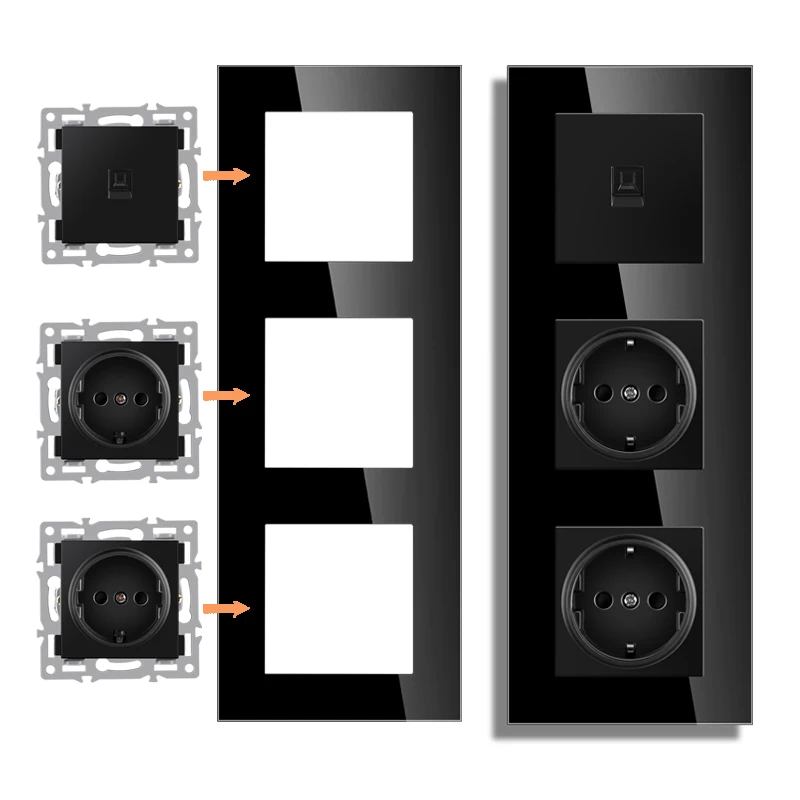 wall-mounted module diy European standard black tempered crystal glass panel socket light switch button function combi