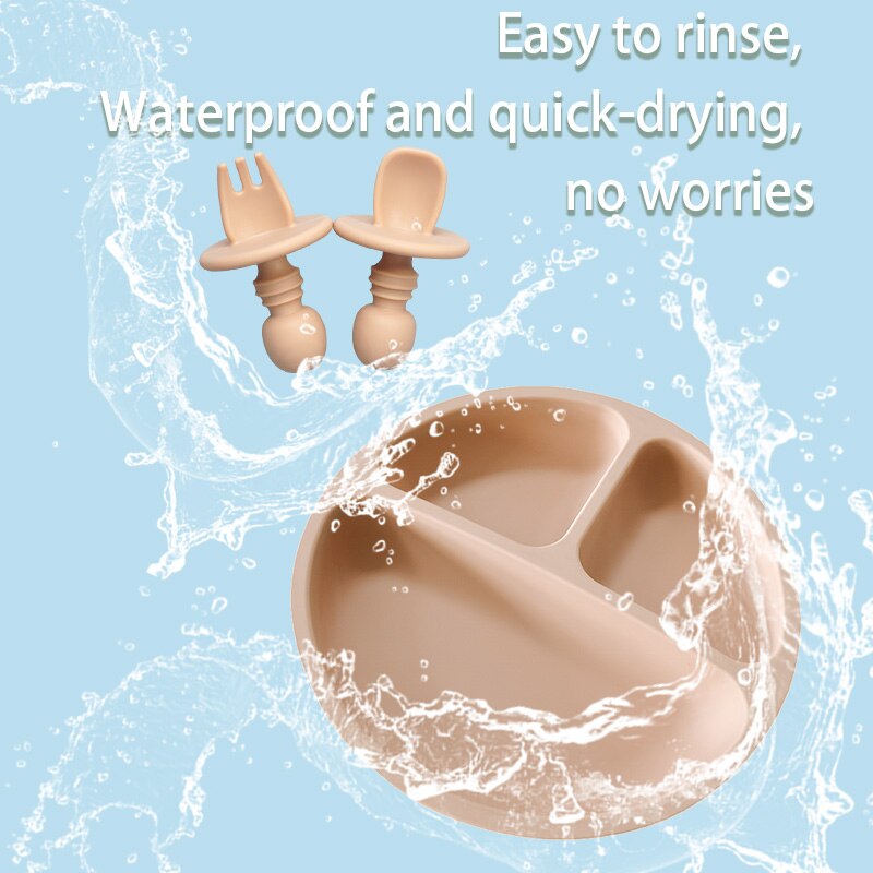 Ensemble d&#39;assiettes en silicone solide, vaisselle d&#39;apprentissage pour bébés, à la , avec fourchette, cuillère, sans BPA