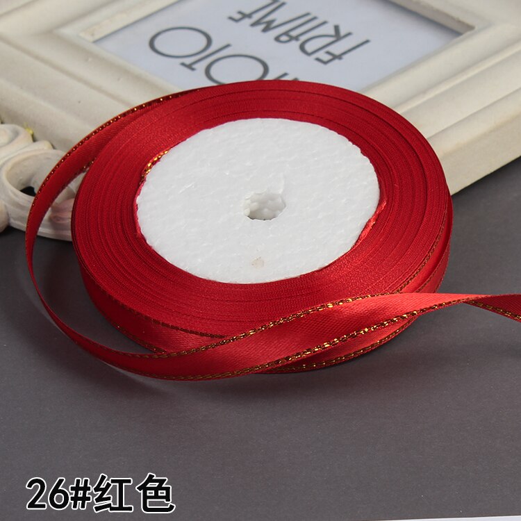 3/8" 10mm 25yards Gold Edges Satin Ribbon Wedding Happy Birthday Box Packaging Decorations DIY Craft Bow: Red