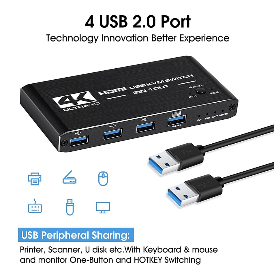 Hdmi-Compatibel Splitter 4K Schakelaar Kvm Switch Usb 2 In 1 Switcher Voor Computer Monitor Toetsenbord En Muis edid/Hdcp Printer