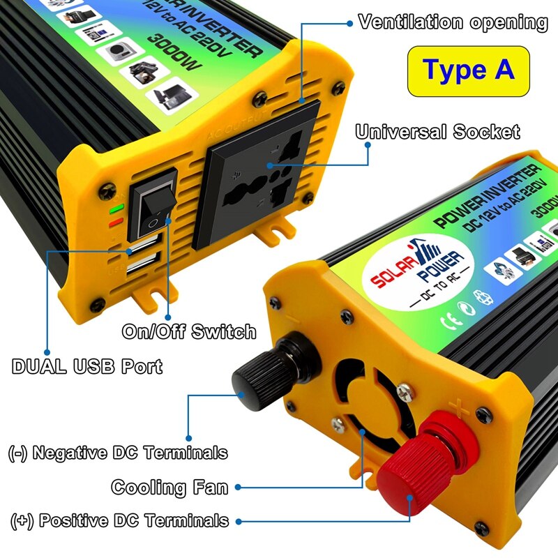 Power Inverter 3000W - Smart Inverter DC12V to AC220V with 2 USB Ports 4.1A Yellow