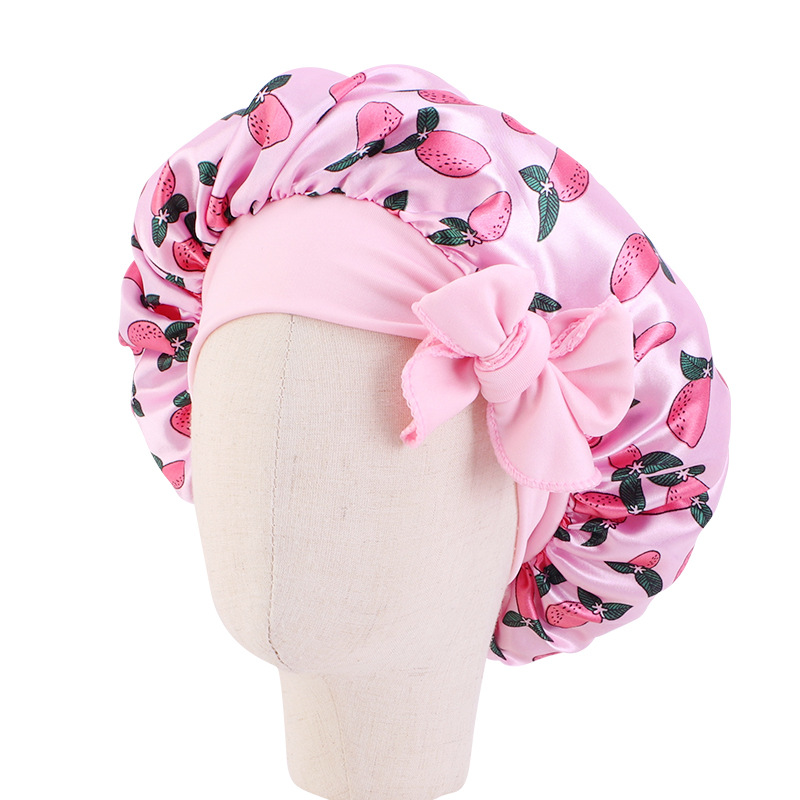 Gorro de satén para dormir para niño y niña, gorro de ducha de seda para niño, gorro de pelo para niño y niña, gorro de dormir de seda con lazo de banda estampado de flores: Rosa