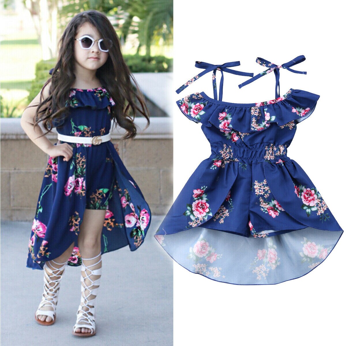 Toddler Kid Baby Girls Pretty Romper Dress Ruffles Sleeve Off Shoulder Flowers Print Jumpsuits Dress