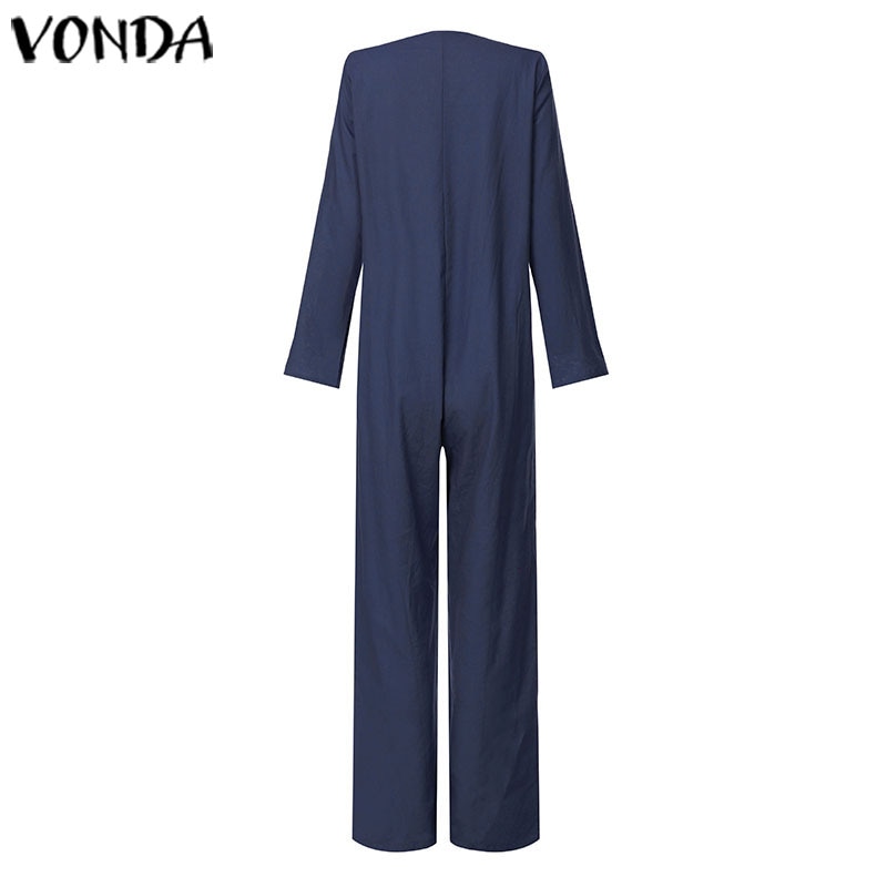 Vonda kvinna höst bomullsbyxor dam jumpsuits knapp kontor dam playsuit casual lösa pantalon plus size byxor: Mörkblå / 4xl