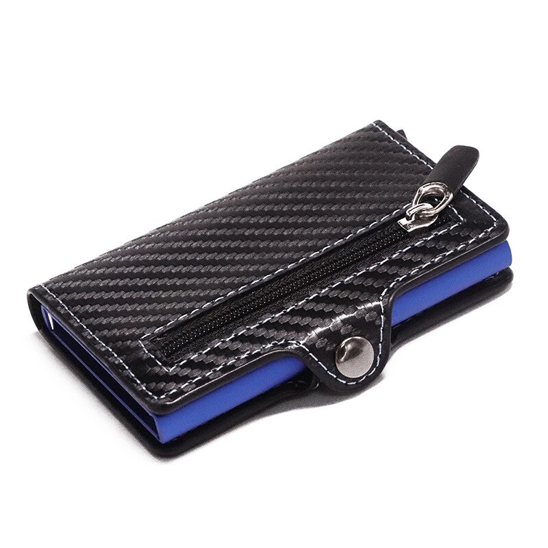 Cartera de cuero Pop Up funda de tarjeta imán de fibra de carbono monedero caja de aluminio Tarjeta de la cartera RFID hombres cartera titular de la tarjeta: CF Black Blue