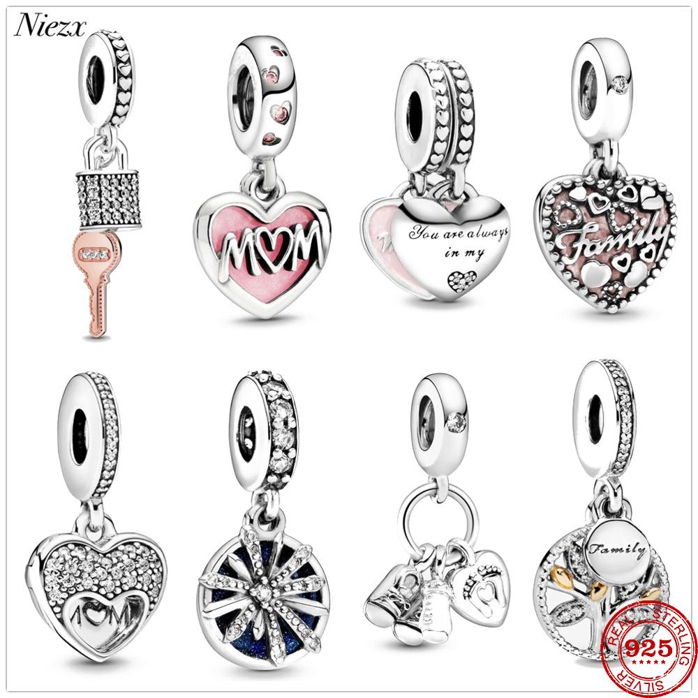 Mode Pave Mum Script Hart Dangle Charm Fit Charms Bedels Zilver 925 Vrouwen Bead Diy Armband Voor sieraden Maken