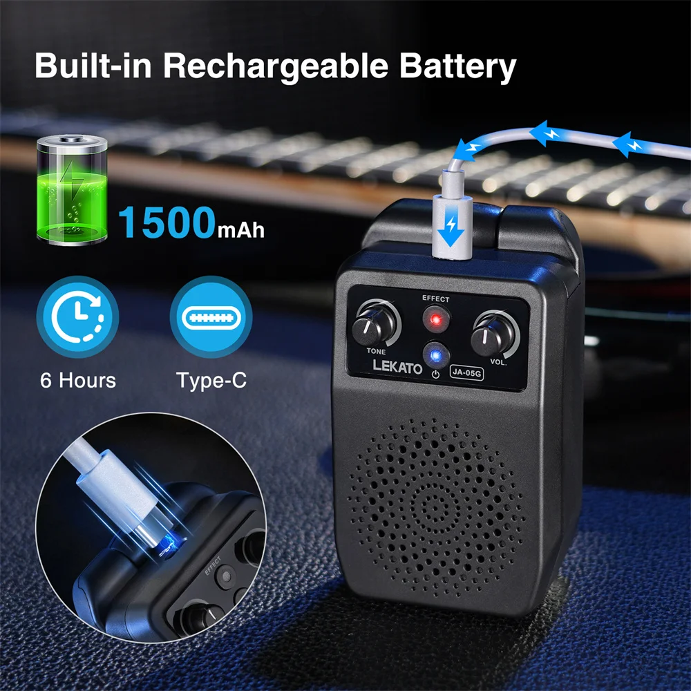 LEKATO Mini Elektrische Gitaarversterker 5W Draagbare Gitaarversterker Bluetooth Ingebouwde 4 Effecten Oplaadbare Kleine Gitaarversterker voor Praktijk