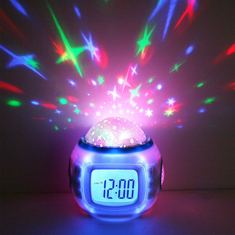 Självlysande snooze digital väckarklocka musik stjärnklar stjärna himmel projektor nattljus kalender termometer för baby heminredning