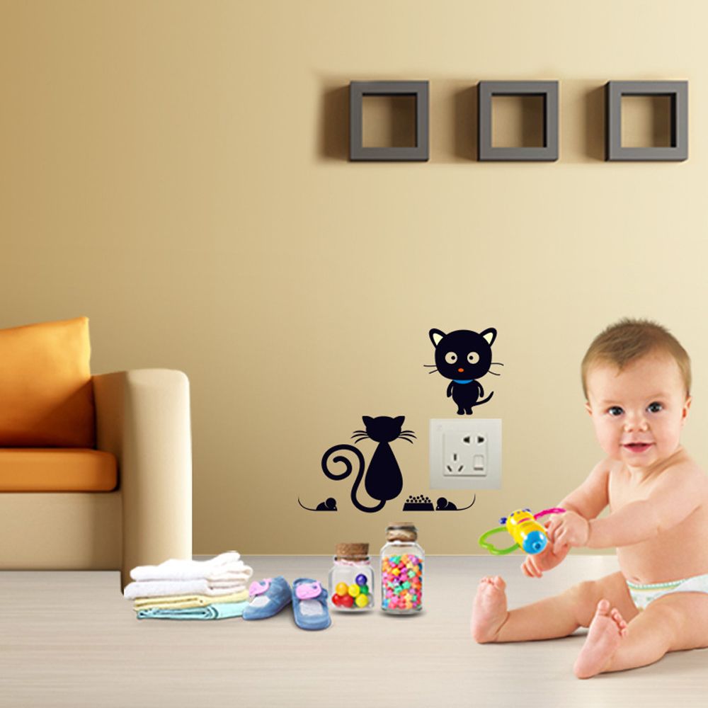 Autocollant Mural amovible en PVC noir | 2 pièces, autocollant de commutation de chat noir, autocollant Mural, dessin animé, pâte de prise d'animaux, décor de maison, chambre d'enfants amusant, bricolage