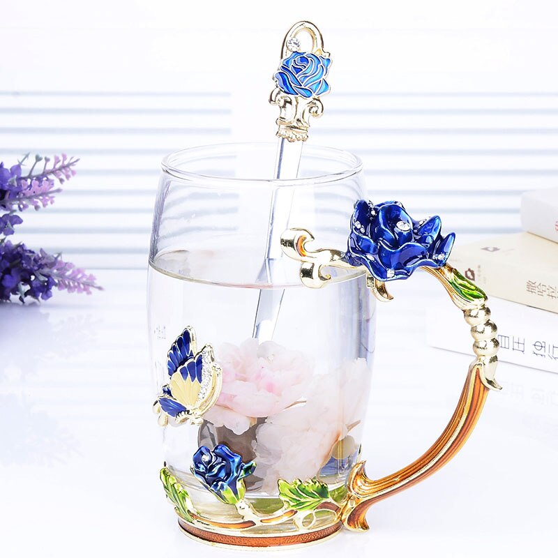 Blå rose emalje krystal te kop kaffe krus sommerfugl rose malet blomst vand kopper klart glas med ske sæt: 04