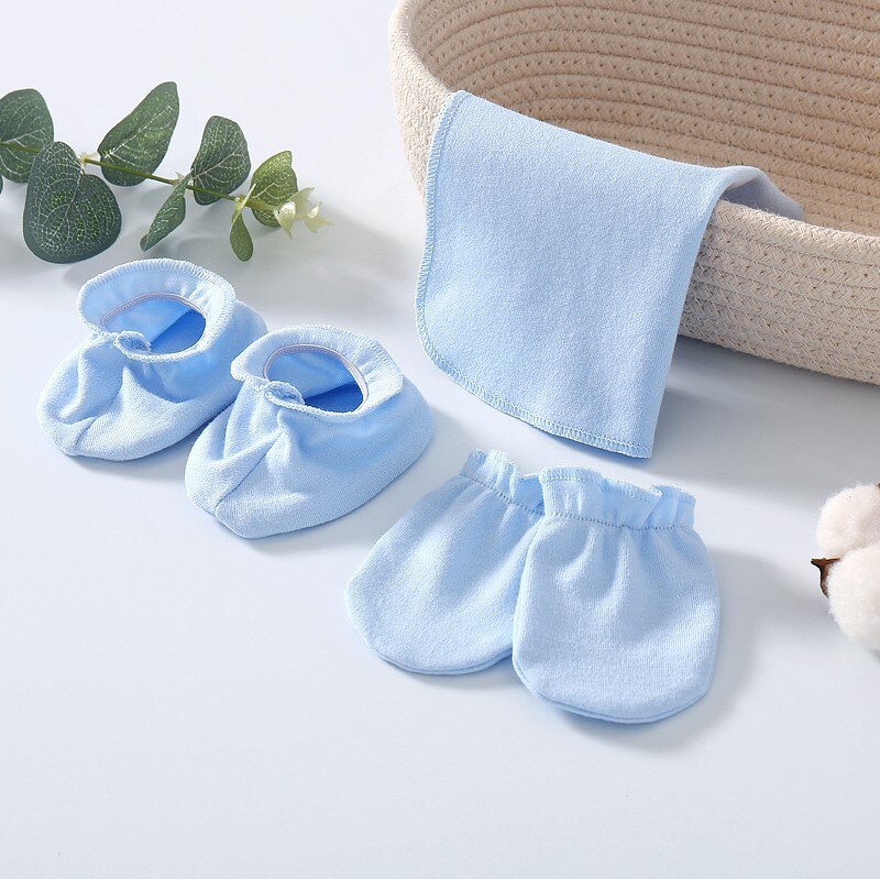 3 Pcs Sets Katoen Pasgeboren Baby Handschoenen Anti Krassen Gezicht Voorkomen Beet Handen Zachte Baby Handdoek Baby Sokken: blue