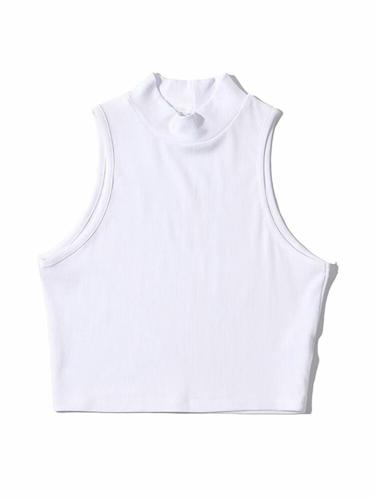Top corto sin mangas blanco de cuello alto para mujer, Tops negros de de verano, 5 colores: L / Blanco