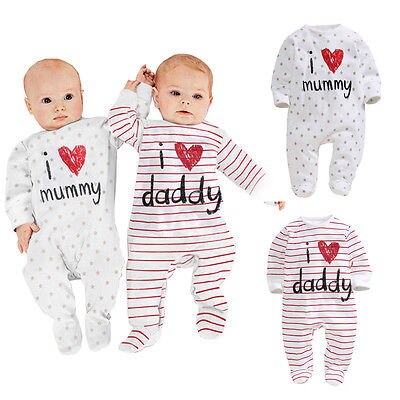 100cm Cotton Cute Baby Boy Girls Romper Long Sleeve Letter Love Mom Dad Clothes Kids Newborn Infant Pajamas Outfit Clothing Set