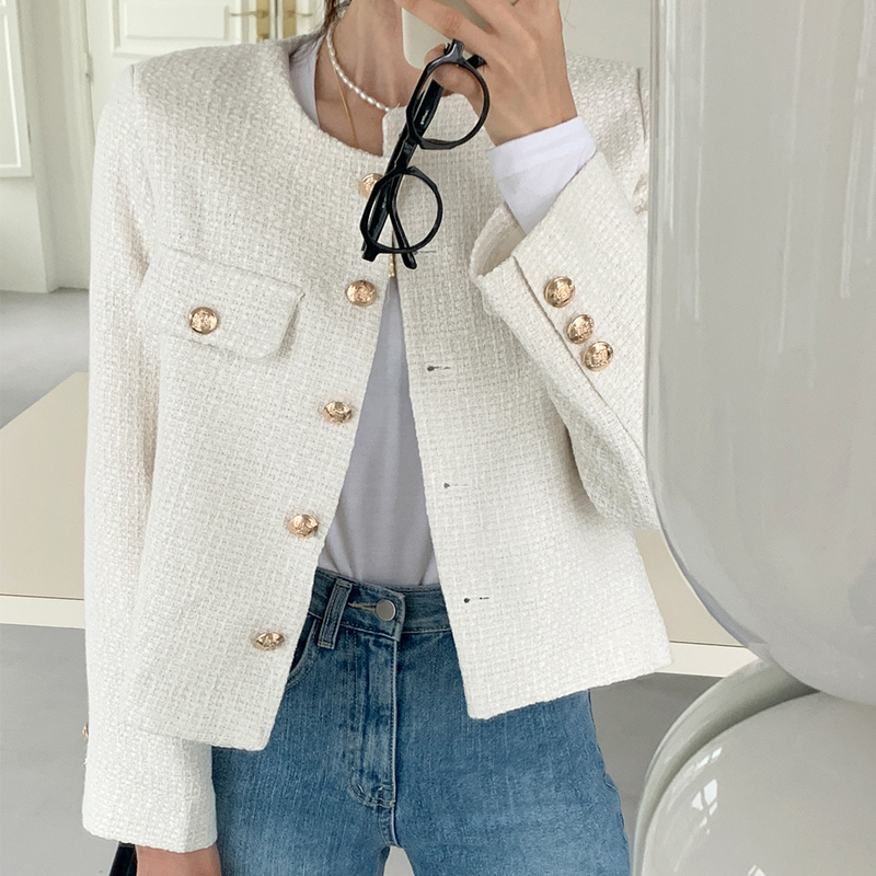 Cappotto di Tweed di lana francese moda bottone d'oro di fascia alta corto temperamento sottile autunno inverno cappotti coreani giacca donna corea 2023: L / WHITE
